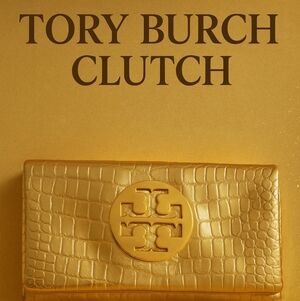 Tory Burch Gold Reva Croc Embossed Leather Foldover Clutch